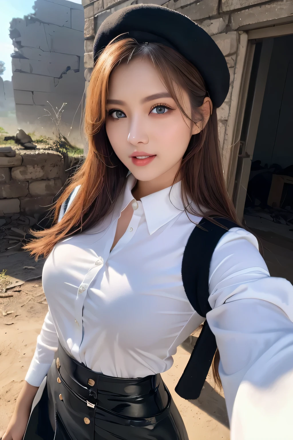 ((masterpiece)), ((highest quality)), (super detailed), (RAW shooting), (photo-realistic), ((cute)), cute, ((very detailed)), (fine eyes), (detailed facial features), (fine fingers), (Detailed clothing characteristics), 4K, (8K), highest quality, (beautiful), (cowboy shot:1.3), (selfie:1.1), (Remains:1.3), sunrise, Beautiful woman, alone, (black rubber combat uniform:1.3), (black rubber tight skirt:1.3), (black combat beret:1.2), beautiful Light Brown hair, beautiful Blue Eyes, ((beautiful Eyes)), long hair, white teeth, (Have an assault rifle:1.3), (great joy:1.2), shine with colored light, shiny