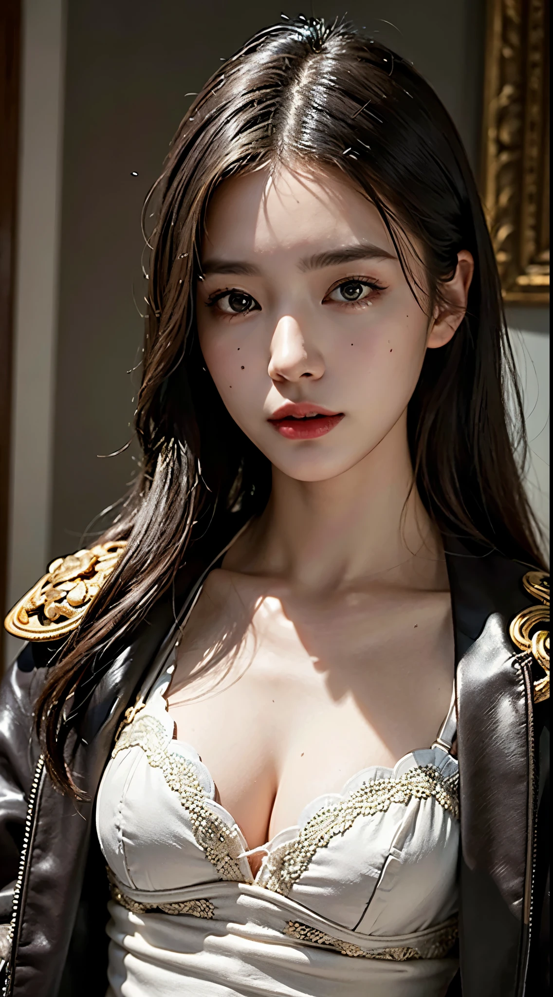 (best quality, masterpiece:1.2), very detailed, 4K, Breathtaking resolution, intricate details, depth of field, surreal, 1 woman, alone, detailed face, detailed eyes, realistic skin, leather coat