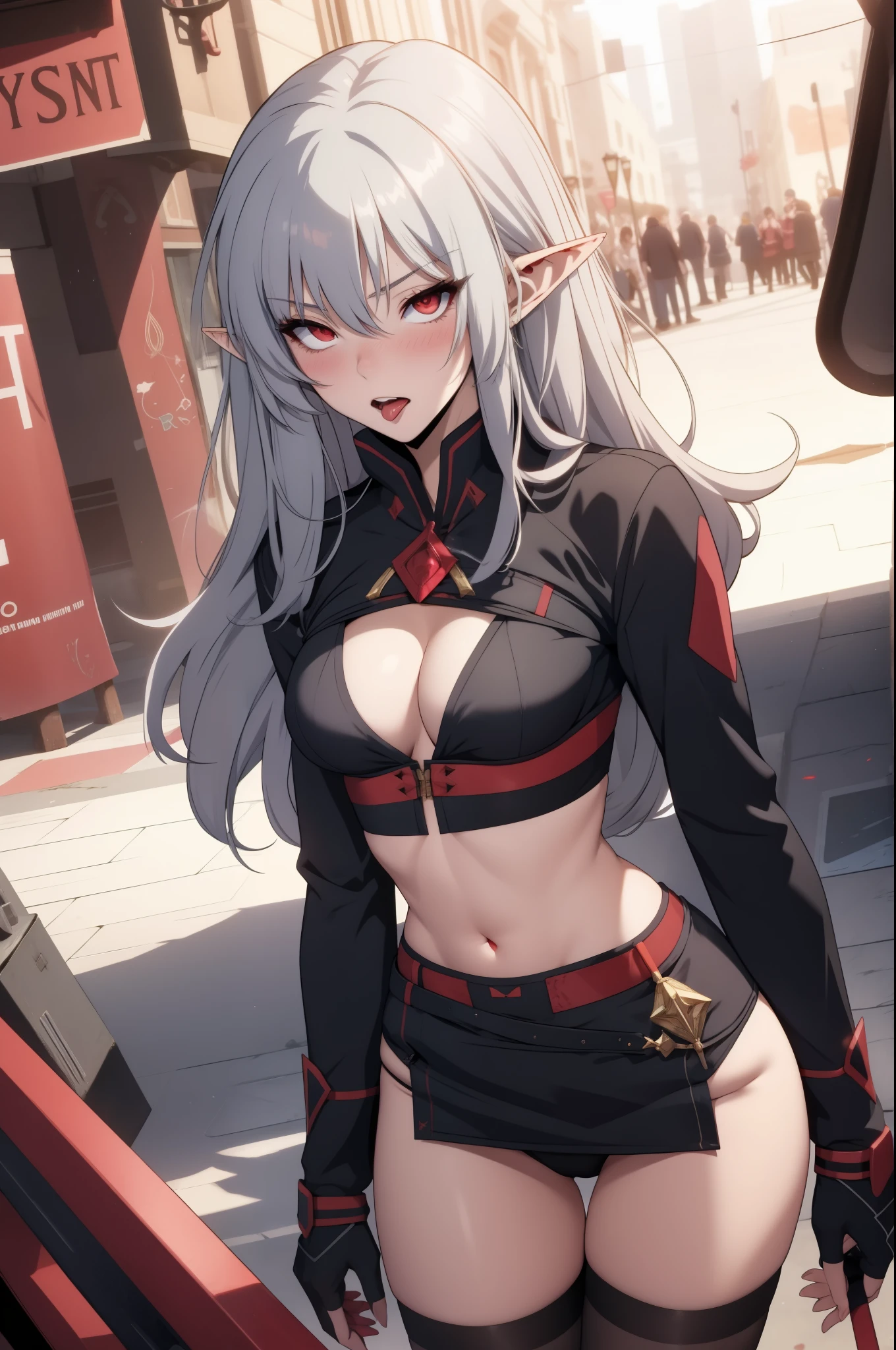 alice,vampire,grey hair, long hair, red eyes, pointy ears, small breasts,((bikini))ahg rolling eyes tongue,((blush))
