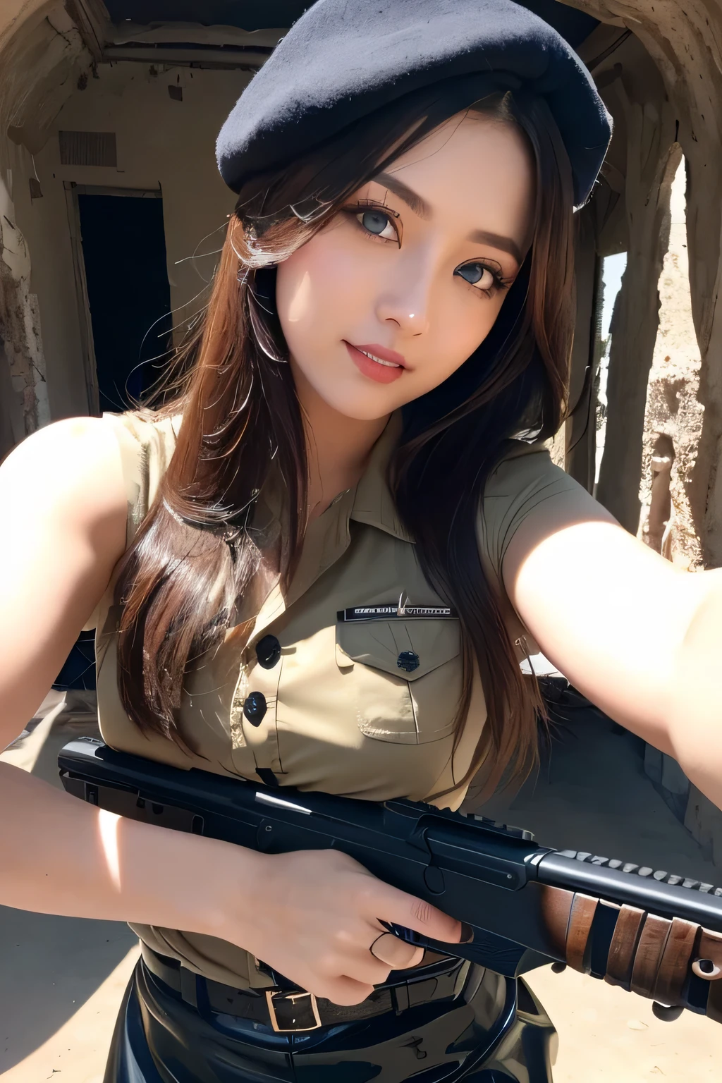((masterpiece)), ((highest quality)), (super detailed), (RAW shooting), (photo-realistic), ((cute)), cute, ((very detailed)), (fine eyes), (detailed facial features), (fine fingers), (Detailed clothing characteristics), 4K, (8K), highest quality, (beautiful), (cowboy shot:1.3), (selfie:1.1), (Remains:1.3), sunrise, Beautiful woman, alone, (black rubber combat uniform:1.3), (black rubber tight skirt:1.3), (black combat beret:1.2), beautiful Light Brown hair, beautiful Blue Eyes, ((beautiful Eyes)), long hair, white teeth, (Assault rifle ready and ready:1.3), (great joy:1.2), shine with colored light, shiny
