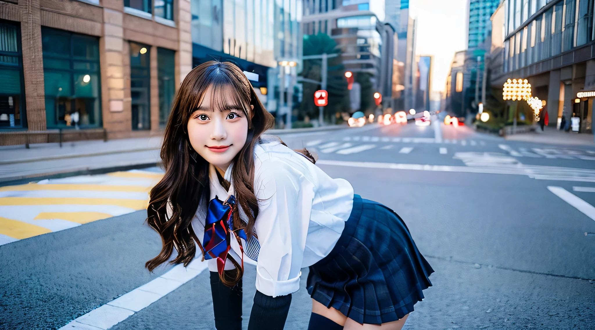 18 year old high school girl wearing a miniskirt uniform、The background is a winter city