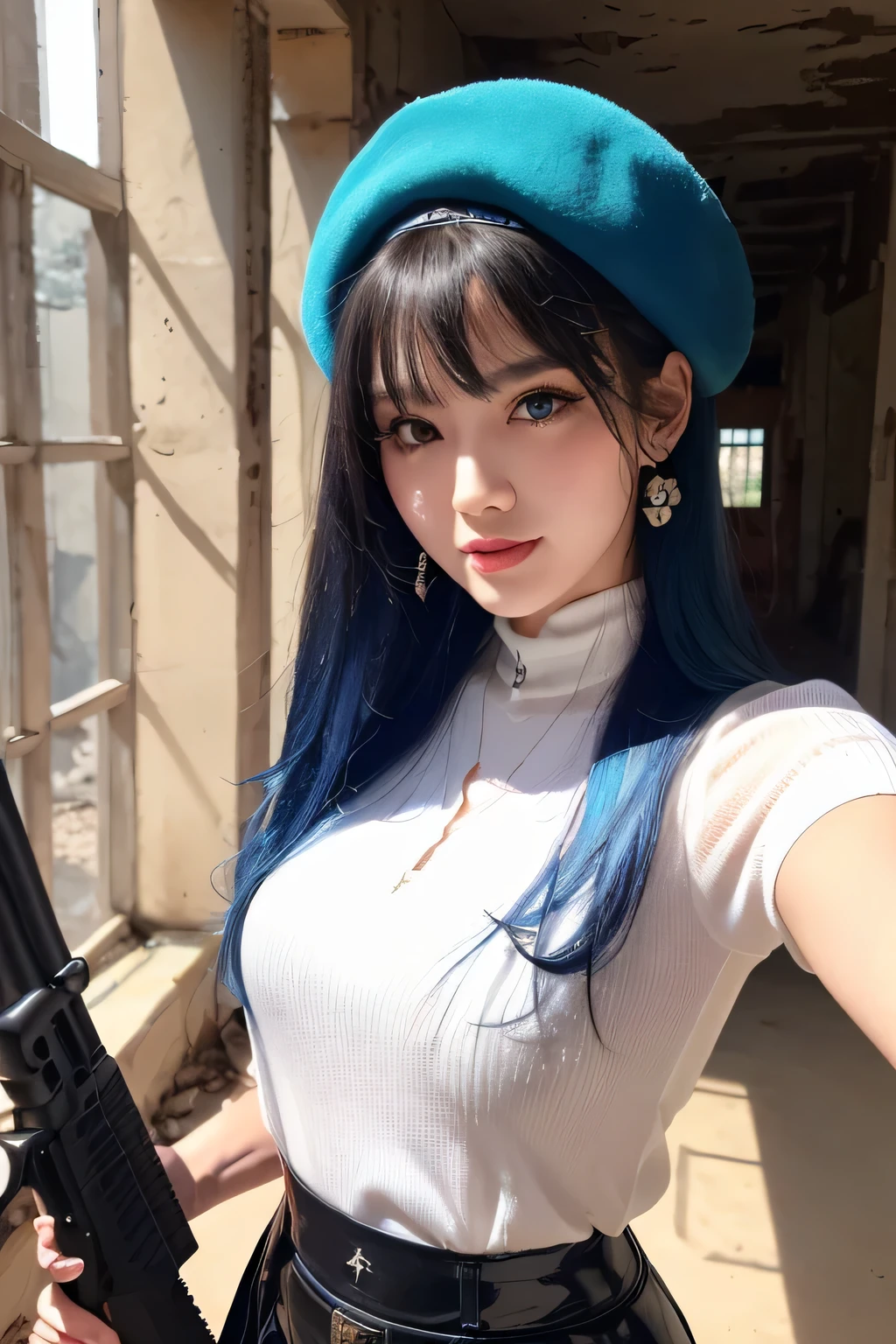 ((masterpiece)), ((highest quality)), (super detailed), (RAW shooting), (photo-realistic), ((cute)), cute, ((very detailed)), (fine eyes), (detailed facial features), (fine fingers), (Detailed clothing characteristics), 4K, (8K), highest quality, (beautiful), (cowboy shot:1.3), (selfie:1.1), (Remains:1.3), sunrise, Beautiful woman, alone, (black rubber combat uniform:1.3), (black rubber tight skirt:1.3), (red combat beret:1.2), beautiful Blue hair, beautiful Blue Eyes, ((beautiful Eyes)), long hair, white teeth, (Assault rifle ready and ready:1.3), (great joy:1.2), shine with colored light, shiny