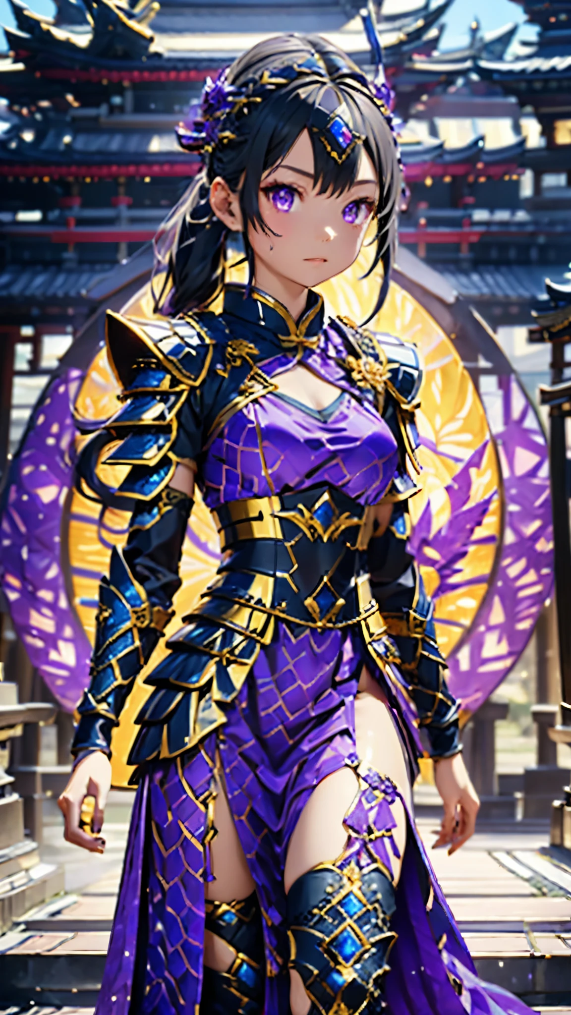 A beautiful purple thunder dragon goddess wearing samurai knight armor, Woman like keqing and raiden shogun from genshin impact game, she has beautiful purple colored dual tone shinny silky smooth hair with high ponytail hair design, She has a headpiece made from gold with purple with blue gems embedded.she is wearing a sexy leather chinese dress known as qipao purple colored with white outlines with gold lotus patterns, The chest is covered with black colored metal with purple crystal full plate metal breast armor with gold accents, purple dragon crystal sharp eyes,full body picture from head to toe,thigh high purple crystal with white porcelien texture plated armor boots with gold accents,kimono wide sleeves over hand armor, wide waist with no panties,beautiful cury fit body, long legs, wearing a white kimono belt with gold patterns, full body photo, knight chest armor, full body shot, very tall, 200cm tall, very clear, super high quality, perfect details, thin waist, wide hip, plump butt, perfect leg thighs 