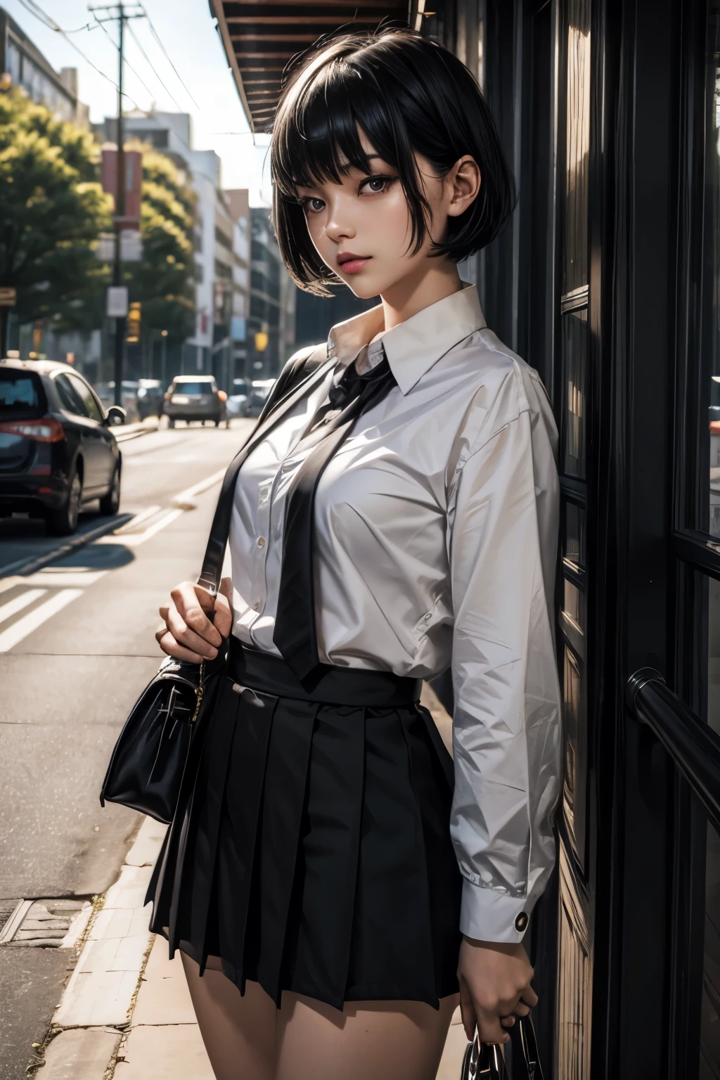 Photorealistic, High resolution, Soft light,1womanl, Solo, hips up high, (Detailed face),The tattoo, Jewelry, Current School Classrooms,On the podium,Wear a uniform、(Black flared skirt),Bigchest,low chest, Long hair、((poneyTail))、((up skirt))、((mix4))、((appearance々color panty abe々Colored hair))