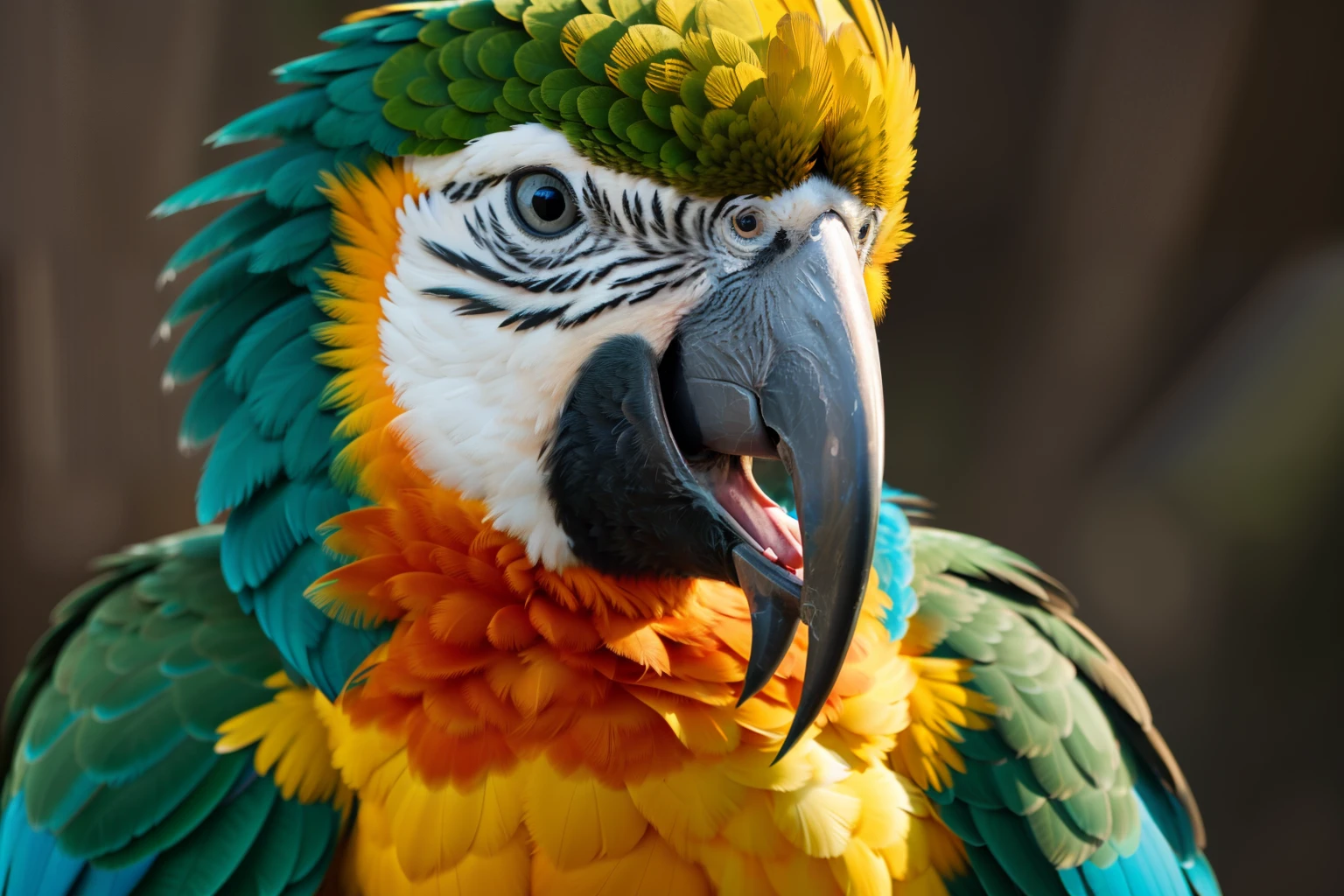 compose an image showcasing a majestic macaw  bird  with a fiery palette of orange  and Red feathers. The bird's eye should be a striking turquoise, set against the contrasting plumage, with a sharp, curved beak. The feathers are detailed with varying shades, adding a sense of texture and depth. In the background, include soft, out-of-focus lights to give an ethereal, bokeh effect that complements the sharp focus on the bird's head., Movie Still