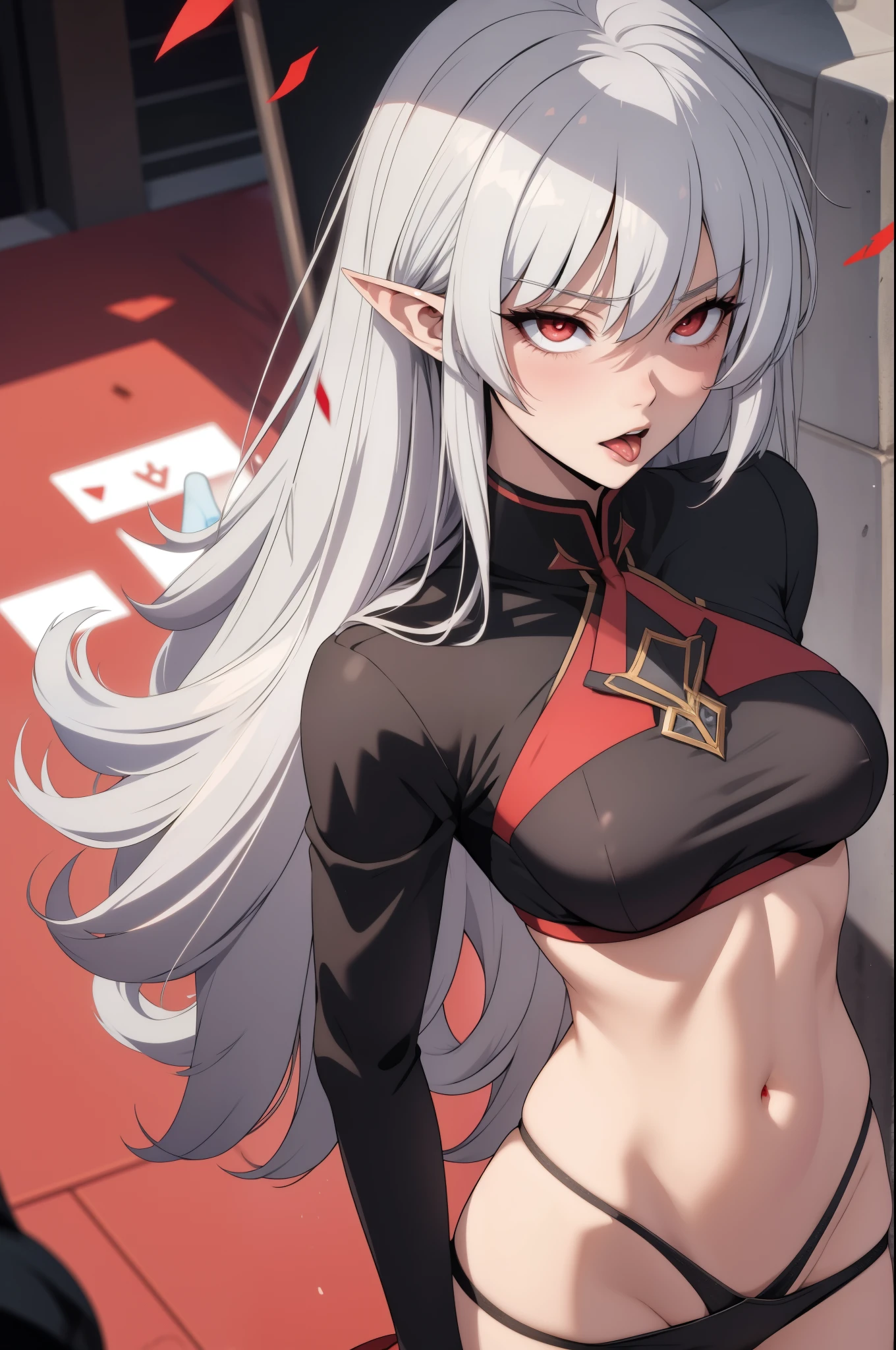 alice,vampire,grey hair, long hair, red eyes, pointy ears, small breasts,((bikini))ahg rolling eyes tongue,((blush))
