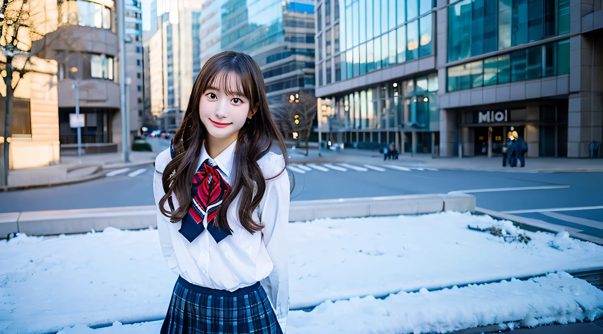 18 year old high school girl wearing a miniskirt uniform、The background is a winter city