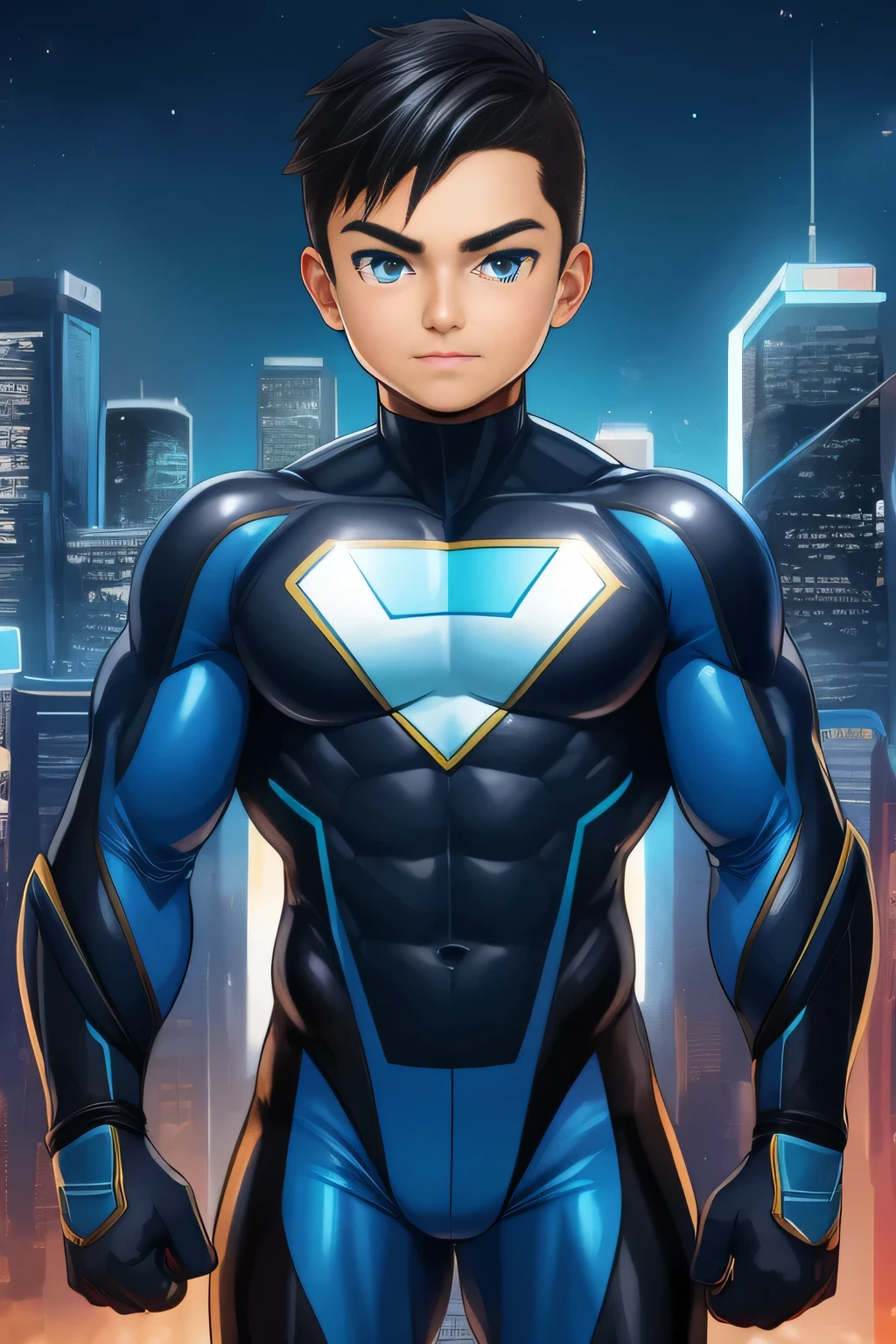 boy, very attractive boy, mexican ethnicity. tan skin, jet black hair, young man, solo, jacked muscle, beautiful musculature, aesthetic striations, inspirational physique, lean muscle, square pecs, beautiful v-taper, great abs and torso, bright bodysuit, standing front, young superhero (young face) ready to fight, top rated pixiv, wears a Bodysuit, very tight bodysuit, chiseled abs, chiseled pecs, with his jet black military haircut and voluminous neck, narrow waist, superhero, white sclera, blue eyes, no horns, brave superhero, human, handsome face, young. City background, skyscraper, futuristic city, night, stars, night lights, skill image, looking to the viewer, hero whose presence inspires trust and respect. (((His hero suit is black and blue.)))