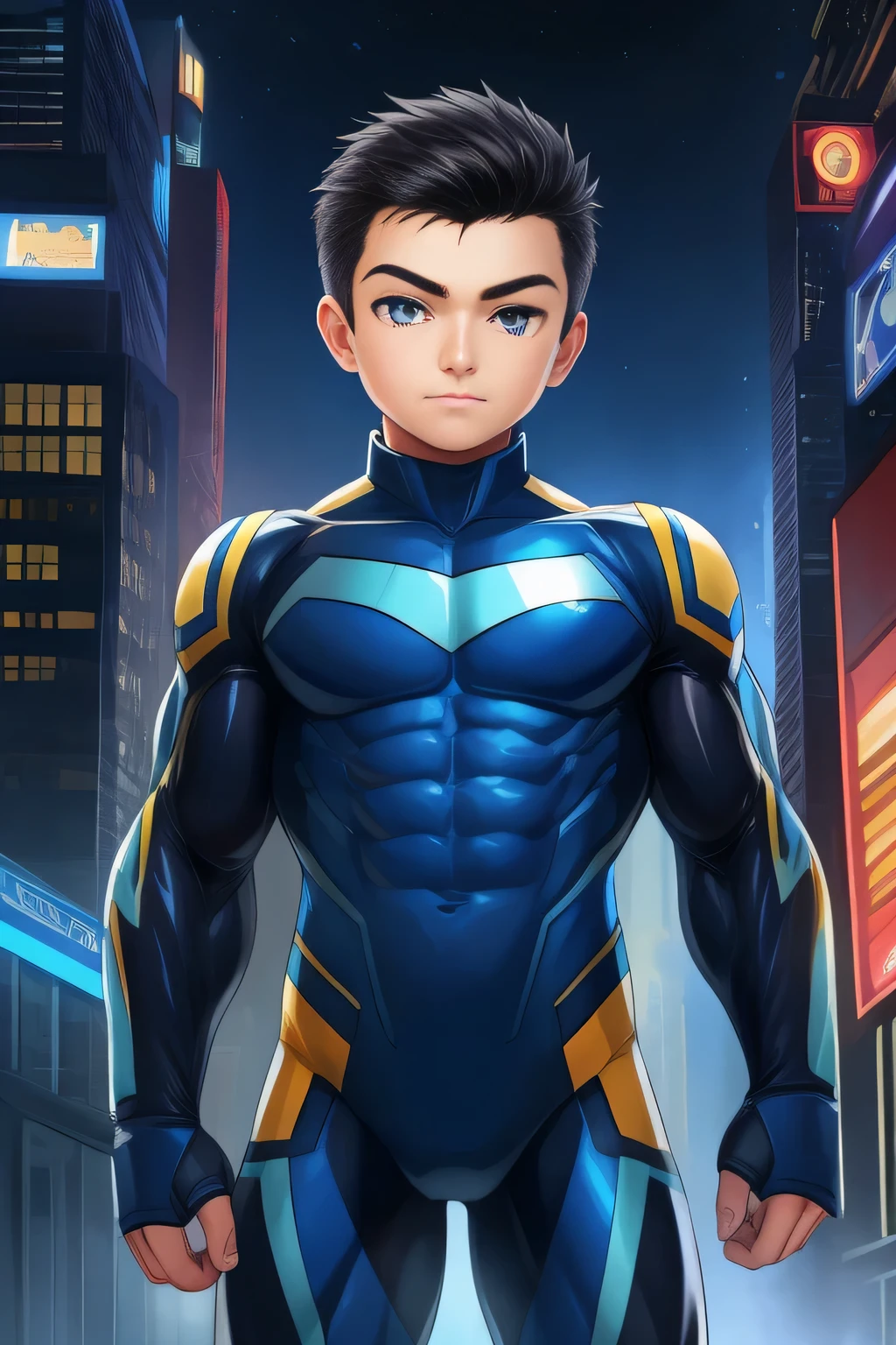 boy, very attractive boy, mexican ethnicity. tan skin, jet black hair, young man, solo, jacked muscle, beautiful musculature, aesthetic striations, inspirational physique, lean muscle, square pecs, beautiful v-taper, great abs and torso, bright bodysuit, standing front, young superhero (young face) ready to fight, top rated pixiv, wears a Bodysuit, very tight bodysuit, chiseled abs, chiseled pecs, with his jet black military haircut and voluminous neck, narrow waist, superhero, white sclera, blue eyes, no horns, brave superhero, human, handsome face, young. City background, skyscraper, futuristic city, night, stars, night lights, skill image, looking to the viewer, hero whose presence inspires trust and respect. (((His hero suit is black and blue.))) 