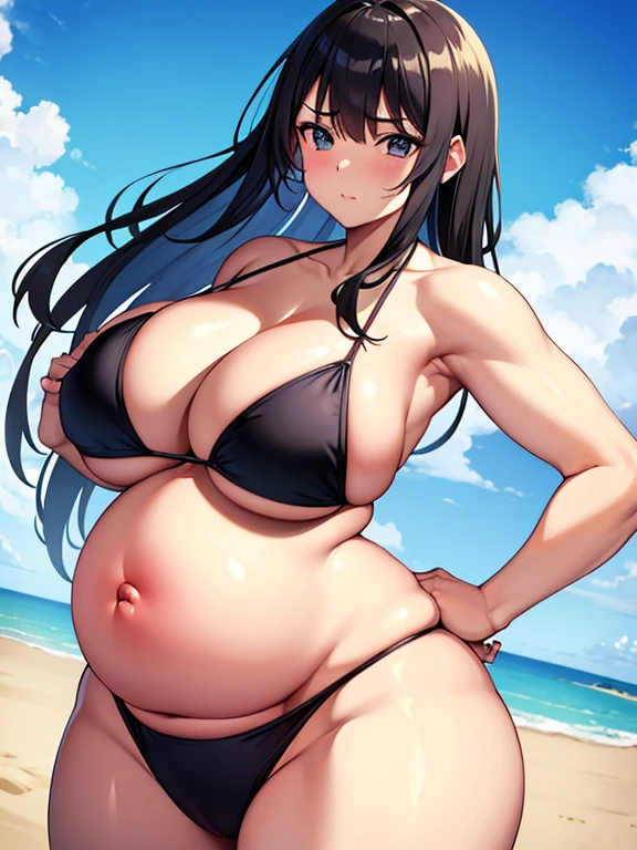  strong sumo, bulk body, pregnant belly, big thighs, one navel, bikini 