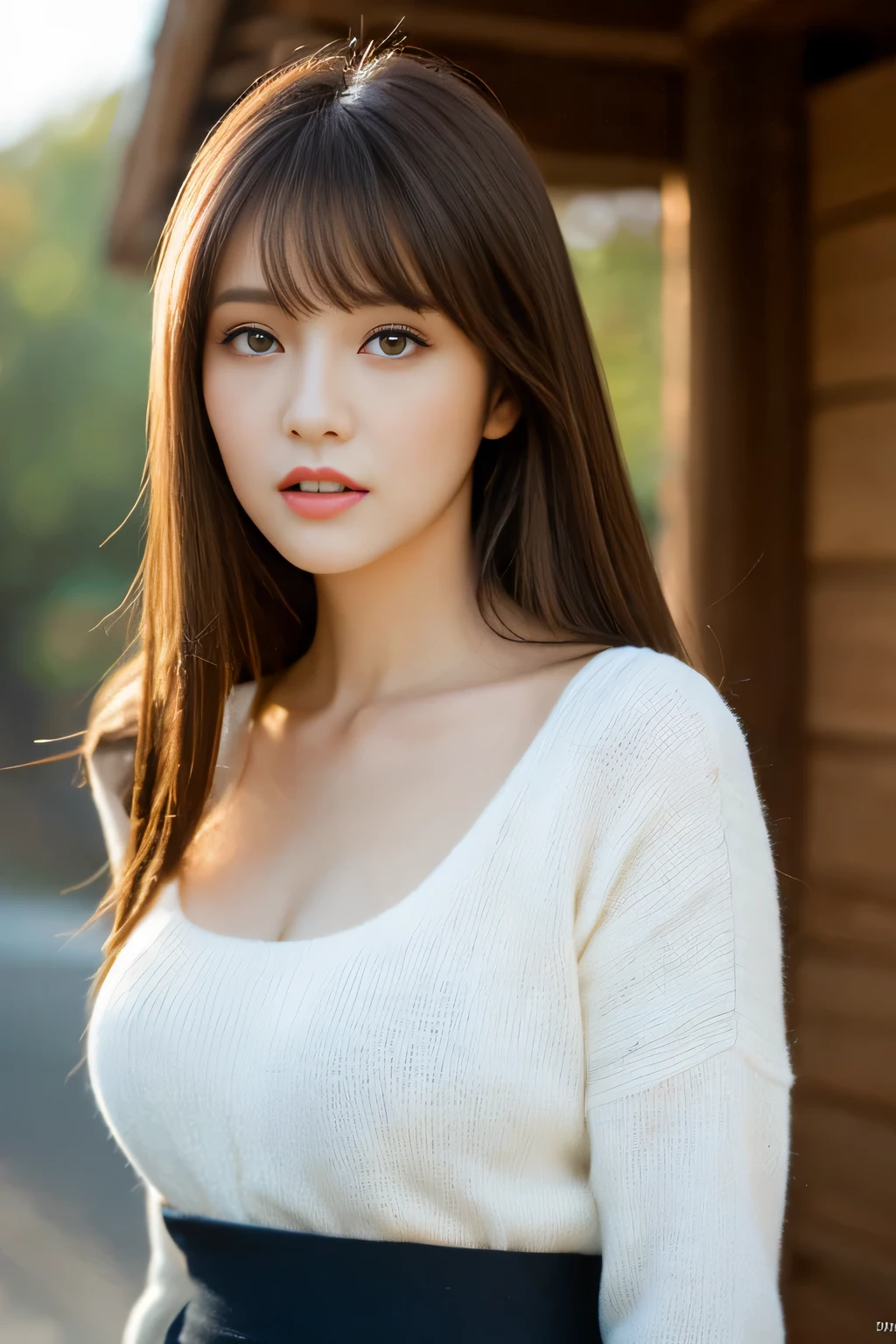 master piece、highest quality、masterpiece、High resolution、Photoreal、sharp、Raw photo、8k wallpaper、perfection、professional lighting、very detailed、Depth of the bounds written、light solid color background、((one beautiful woman、japanese mature)) 、(25 years old))、women sexy、detailed face、beautiful eyes、bangs、well-shaped small breasts、light brown straight hair、thin lips、((stand in front、look at the viewer、serious face eyes。) )、sweater、skirt、full body photo、cowboy shot