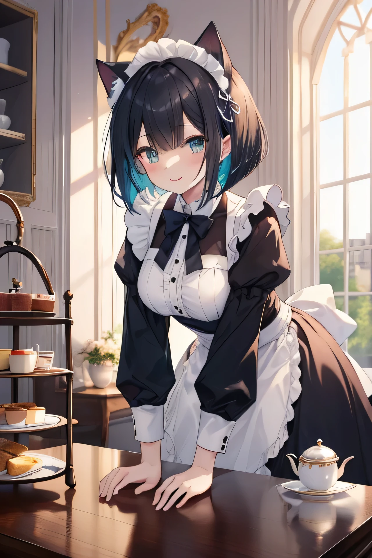 ((masterpiece)), ((highest quality)), ((8K)), High resolution, 1 girl, Cat ear, white skin, big breasts, light blue maid, black hair color, bob cut, No expression, smile, Afternoon tea, royal palace, leaning forward