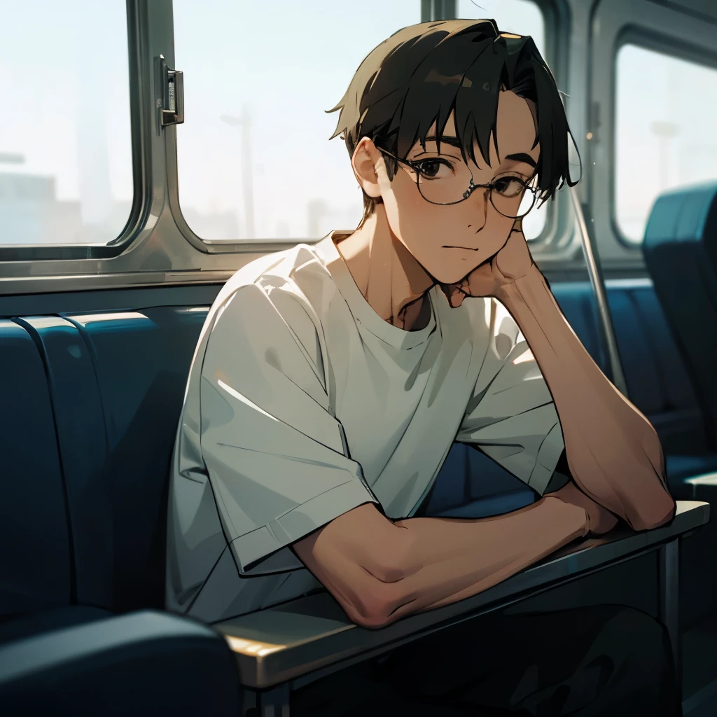 ((best quality)), ((masterpiece)), (detailed), perfect face, 1boy, solo, young, scared, inside of train, sitting, white shirt, eyeglasses, black eyes, black hair, short hair