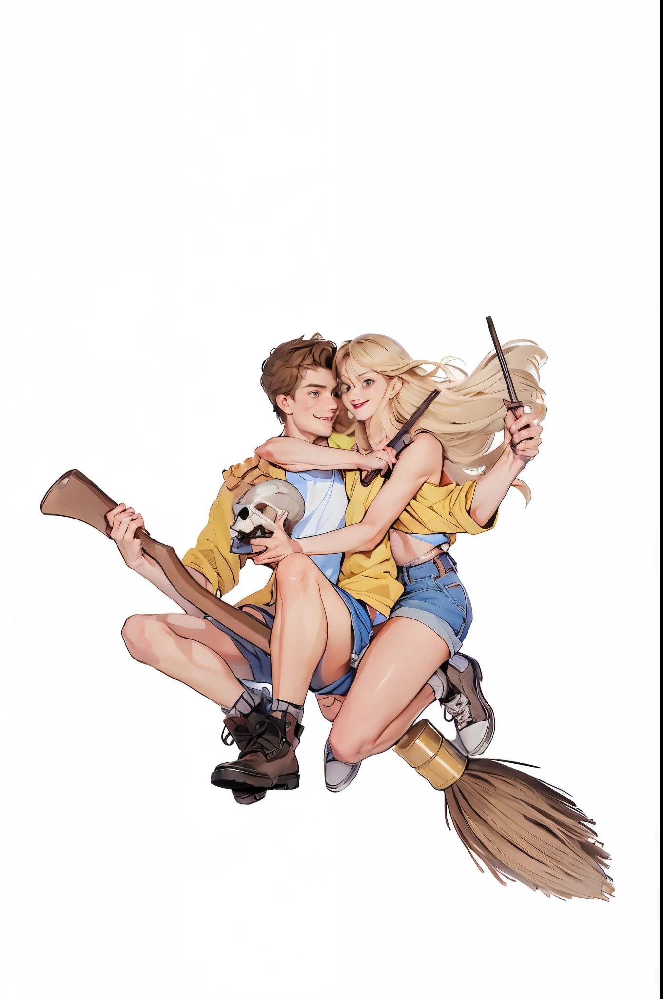 man and woman riding a broom stick, smiling, man has brown hair and is wearing a blue shirt, woman has long blonde hair and is holding a skull in her hand, both holding a wand, clear faces, two eyes