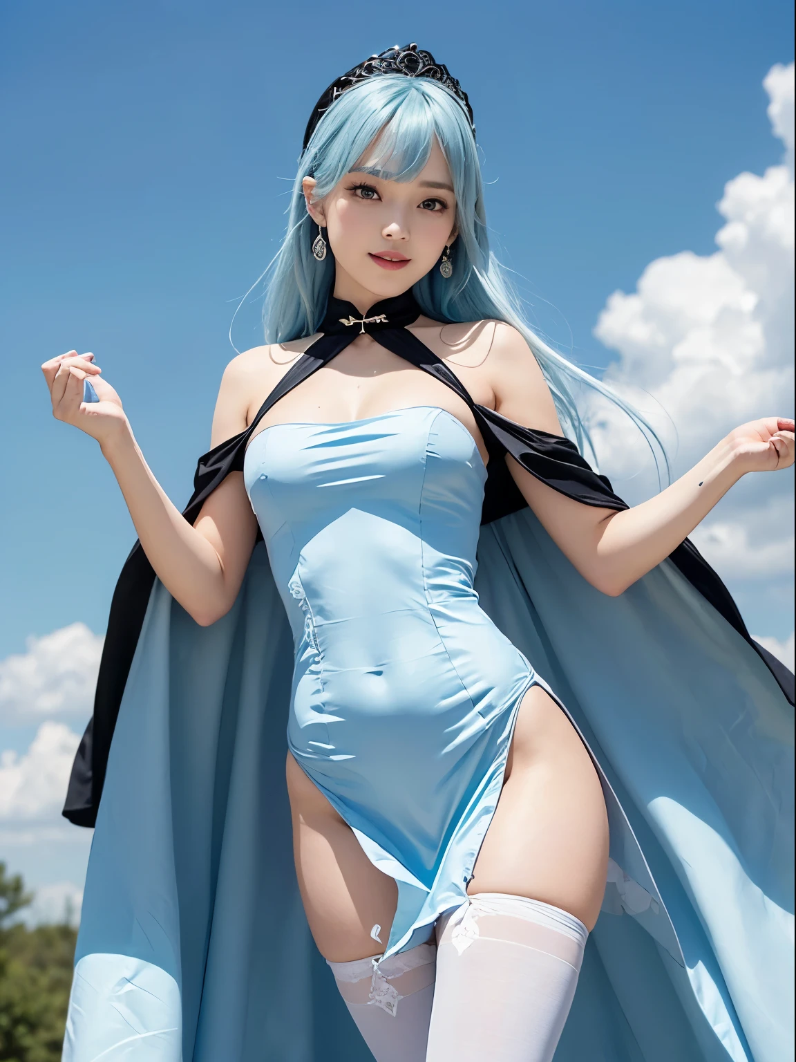 best quality,ultra high resolution,(realistic photo:1.4),japanese,light sky blue hair,long hair,Bangs are longer than eye level,sky blue eyes,(Ulsan-6500:1.0),((thin)),Makeup is light,White large cape,Black Long Thin String Tie,((Sky blue long princess line dress over bodysuit)),((Sky blue long dress)),((Sky blue dress on chest)),A glimpse of the chest,The front of the dress is open,White glove on right hand,The left hand is a black glove,Large white down shoulder badge like a cloak,((The legs are all black stockings.)),small breasts same,white panties,Small teardrop earrings,cute type,shy smile,On a dark music stage