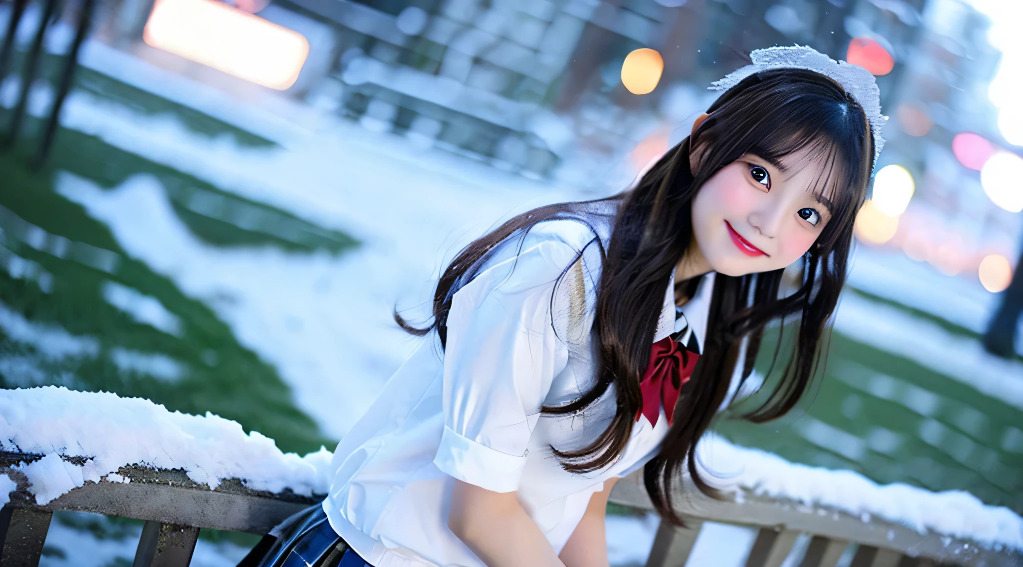 high school girl, 18-year-old, Wearing a miniskirt uniform、The background is a snowman
