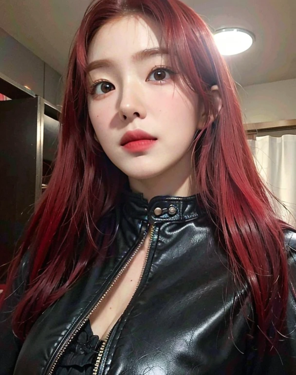 hay una mujer pelirroja y con una chaqueta de cuero negra, Retrato de Irene, cruel korean goth girl, peluca roja, con el pelo rojo, red tinted hair, Jinyoung Shin, cabello negro y rojo, Red crimson hair, Parque Roseanne de Blackpink, demasiado rojo, con el pelo largo y rojo,Irene