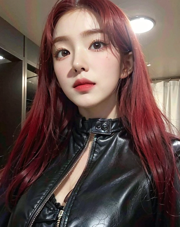 hay una mujer pelirroja y con una chaqueta de cuero negra, Retrato de Irene, cruel korean goth girl, peluca roja, con el pelo rojo, red tinted hair, Jinyoung Shin, cabello negro y rojo, Red crimson hair, Parque Roseanne de Blackpink, demasiado rojo, con el pelo largo y rojo,Irene