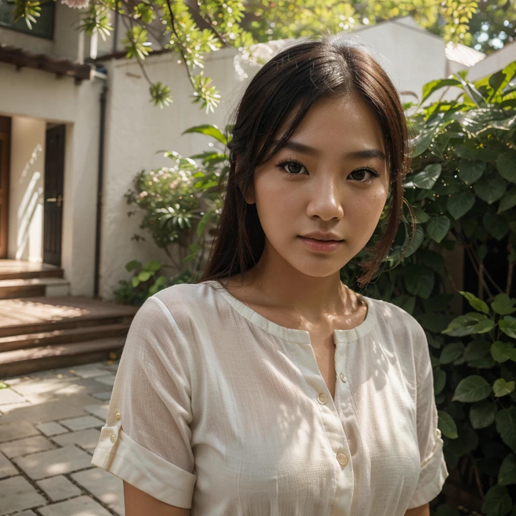 (best quality,highres,ultra-detailed),female asian model,beautiful, face photo, soft and glowing skin,natural outdoor setting,artistic portrait,subtle vibrant colors,subtle bokeh effect, Face shot, selfie
