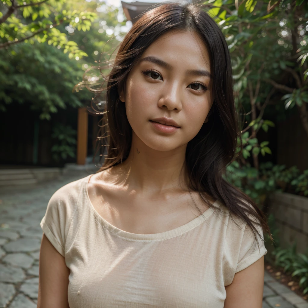 (best quality,highres,ultra-detailed),female asian model,beautiful, face photo, soft and glowing skin,natural outdoor setting,artistic portrait,subtle vibrant colors,subtle bokeh effect, Face shot, selfie
