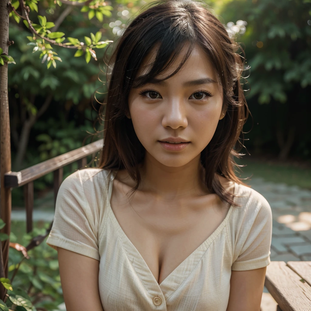 (best quality,highres,ultra-detailed),female asian model,beautiful, face photo, soft and glowing skin,natural outdoor setting,artistic portrait,subtle vibrant colors,subtle bokeh effect, Face shot, selfie