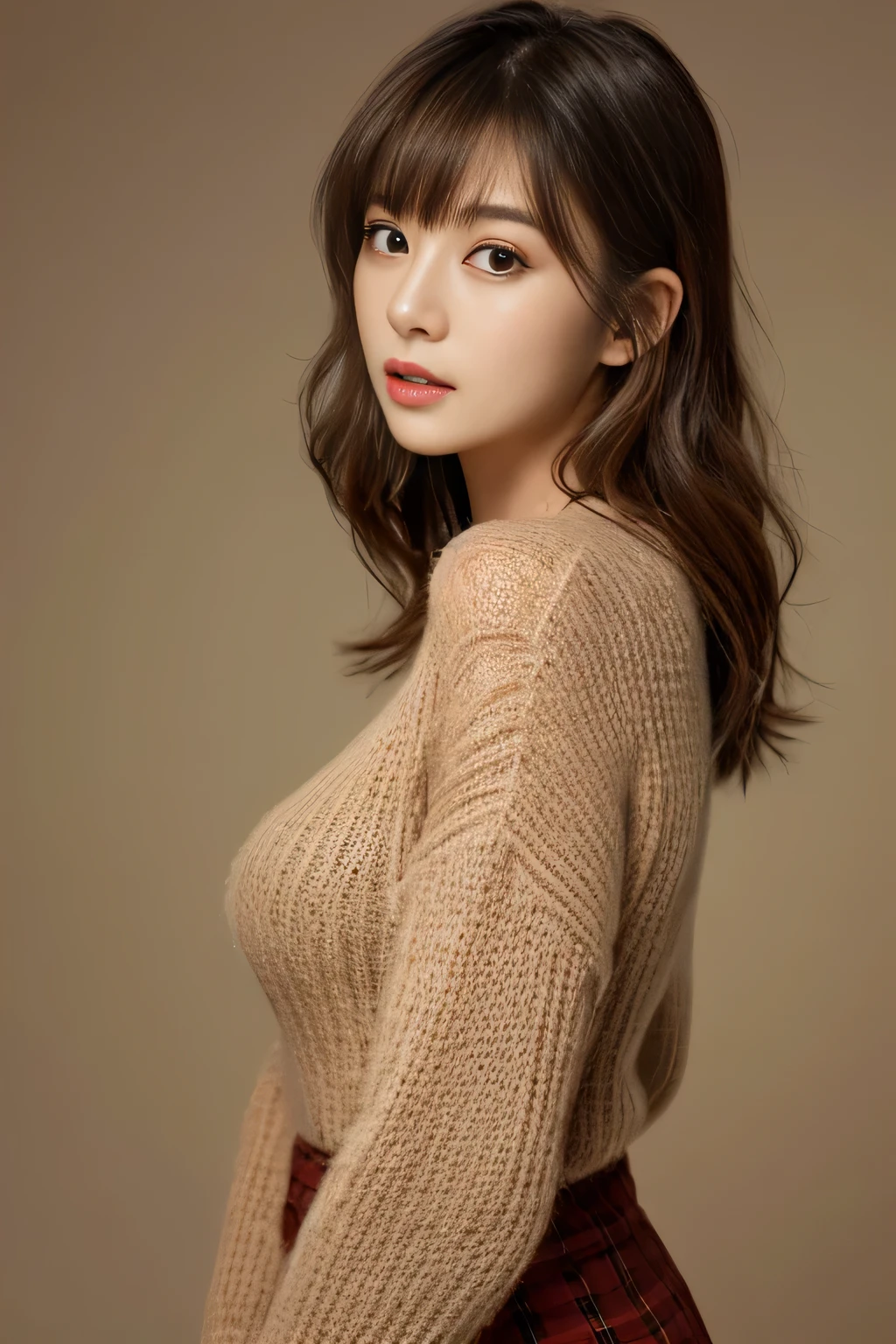 master piece、highest quality、masterpiece、High resolution、Photoreal、sharp、Raw photo、8k wallpaper、perfection、professional lighting、very detailed、Depth of the bounds written、light solid color background、((one beautiful woman、japanese mature)) 、(25 years old))、women sexy、detailed face、beautiful eyes、bangs、well-shaped small breasts、light brown straight hair、thin lips、((stand in front、look at the viewer、serious face eyes。) )、sweater、skirt、full body photo、cowboy shot