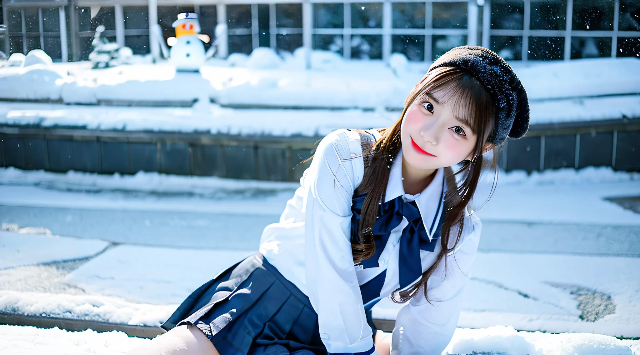 high school girl, 18-year-old, Wearing a miniskirt uniform、The background is a snowman