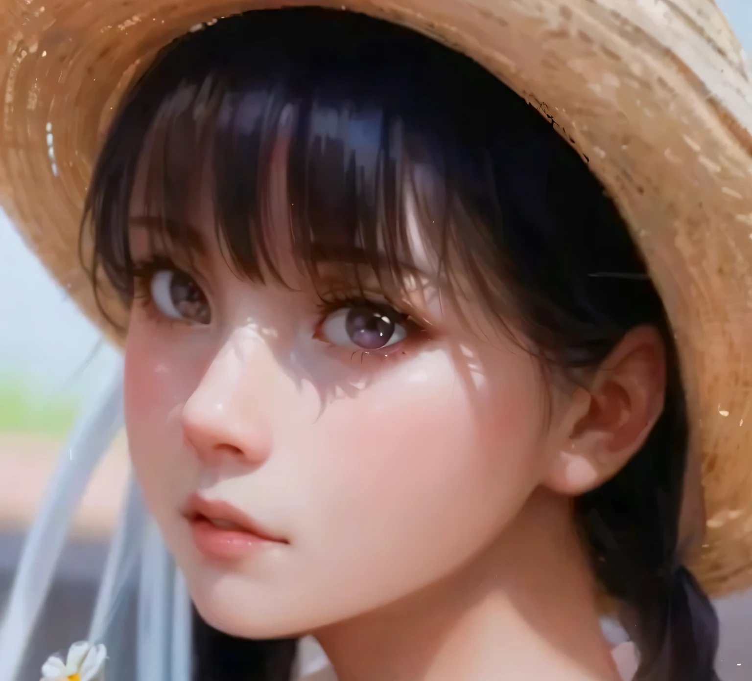 Uma jovem alegre, Divertimento, Funny, de cabelos castanhos e curtos, usando uma franja, Skin color is brown, Eye color is dark brown, the landscape is a clear blue summer sky with big white clouds, the sun is shining behind the woman. The image is in Japanese anime style