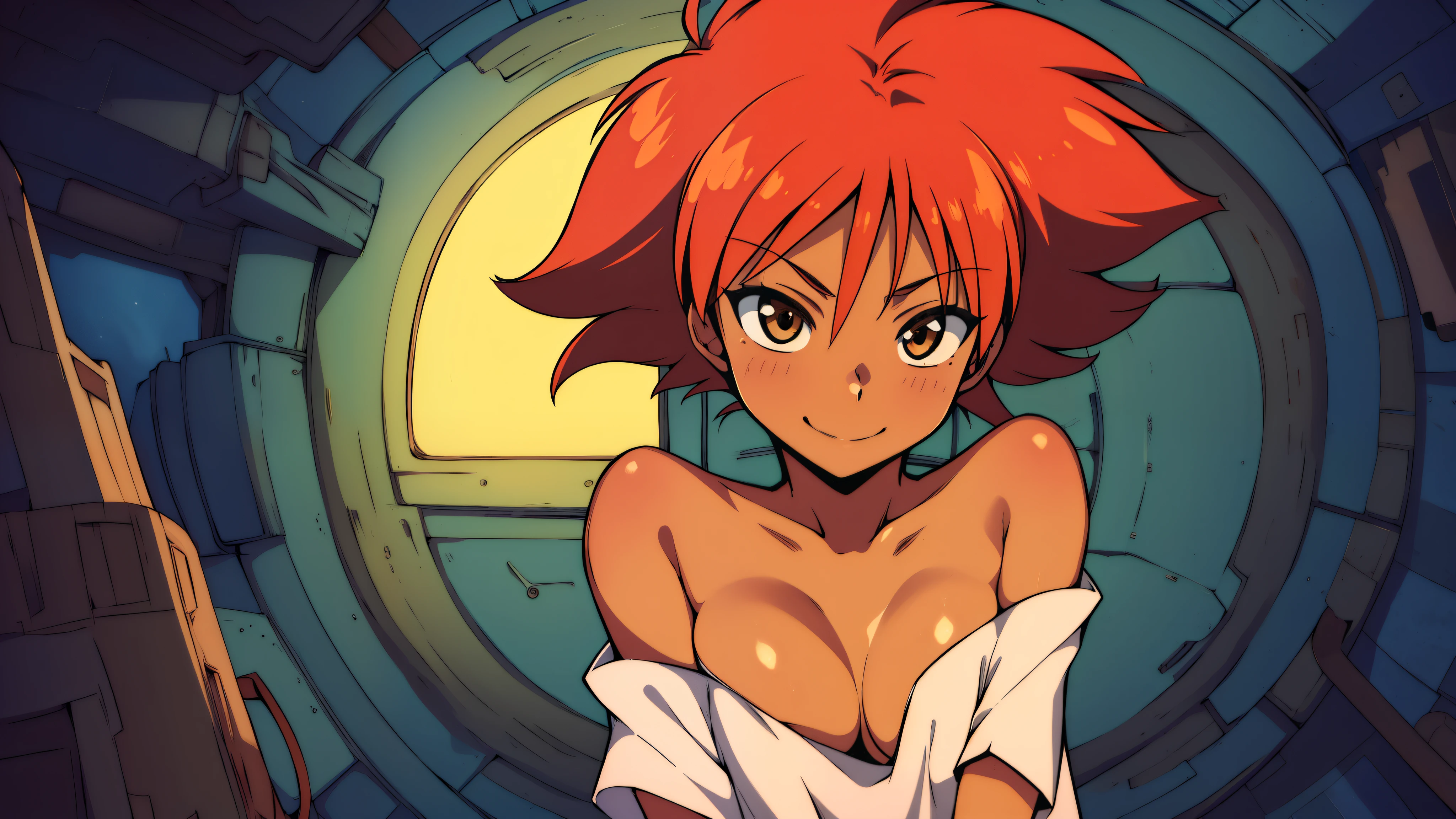 Edward,midriff,orange hair,white shirt,off shoulder,collarbone,tan skin, bike shorts,goggles, brown eyes, space station,engine room, upper body,sitting,smiling, bedroom eyes, under boob, breasts, cleavage (insanely detailed, beautiful detailed face, masterpiece, best quality),