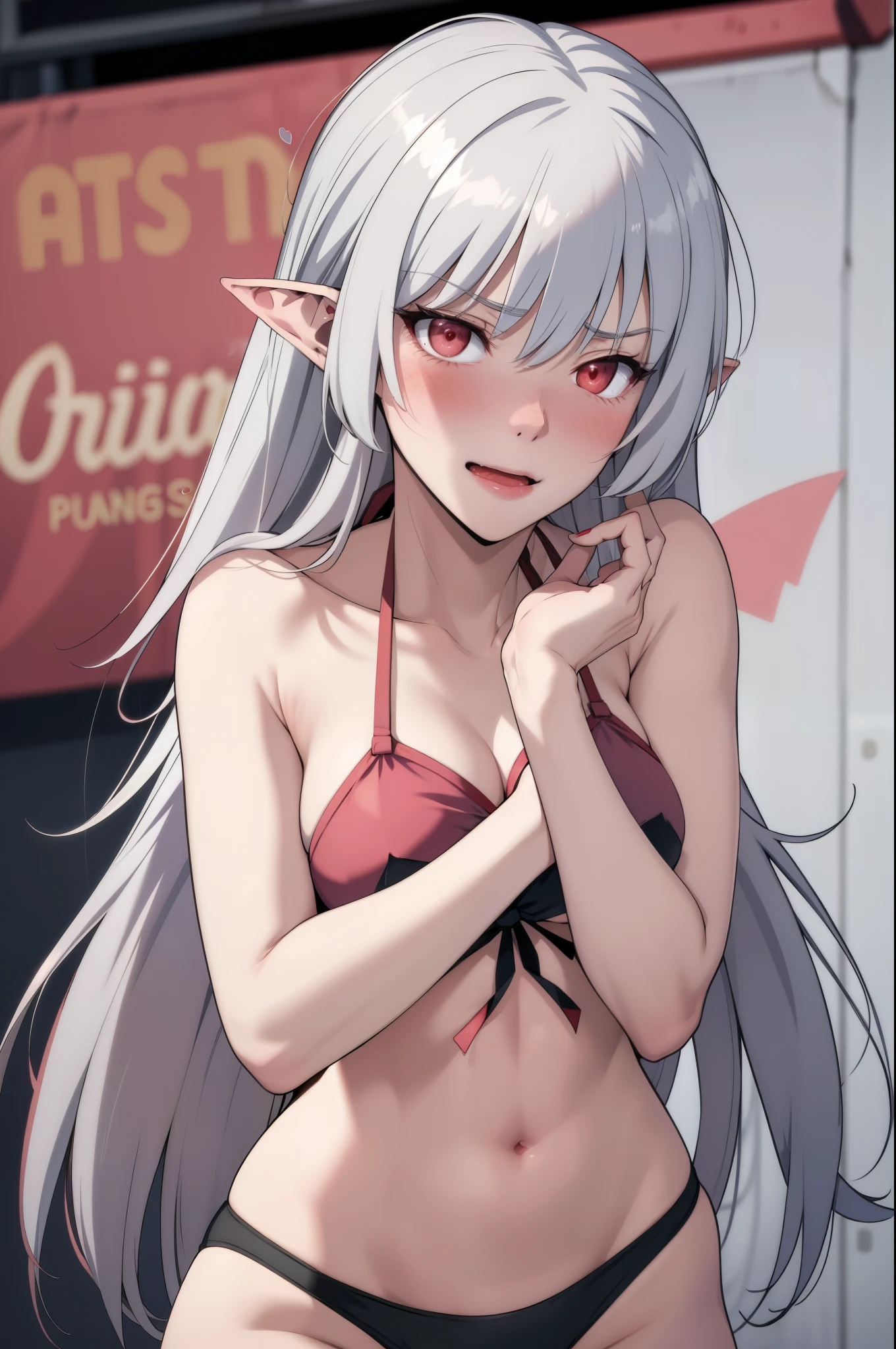 alice,vampire,grey hair, long hair, red eyes, pointy ears, small breasts,((bikini))ahg rolling eyes tongue,((((blush))))
