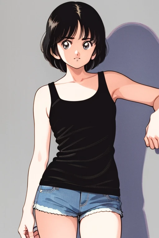 1girl, haruka, black hair, short hair, bangs, looking at viewer, tank top, denim shorts,, (best quality, masterpiece:1.3)