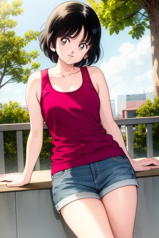 1girl, haruka, black hair, short hair, bangs, looking at viewer, tank top, denim shorts,, (best quality, masterpiece:1.3)