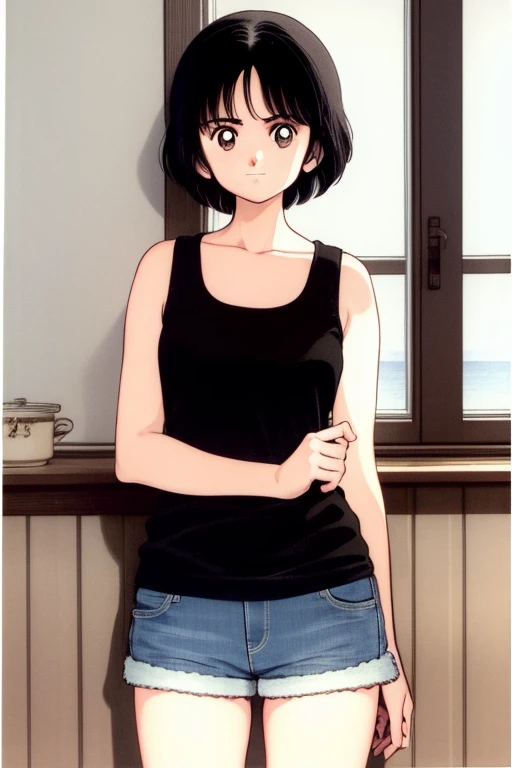 1girl, haruka, black hair, short hair, bangs, looking at viewer, tank top, denim shorts,, (best quality, masterpiece:1.3)