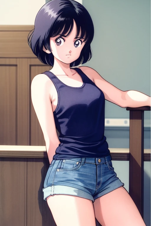 1girl, haruka, black hair, short hair, bangs, looking at viewer, tank top, denim shorts,, (best quality, masterpiece:1.3)