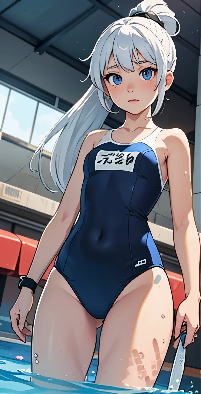 master piece,best quality,master piece,best quality,official art,Highly detailed CG Unity 8k wallpaper,Traditional_media,Kijingle Blade,black hair band,white long hair,white hair,e blue eyes,medium chest,school swimwear, shy,swimming pool,short ponytail,from below
