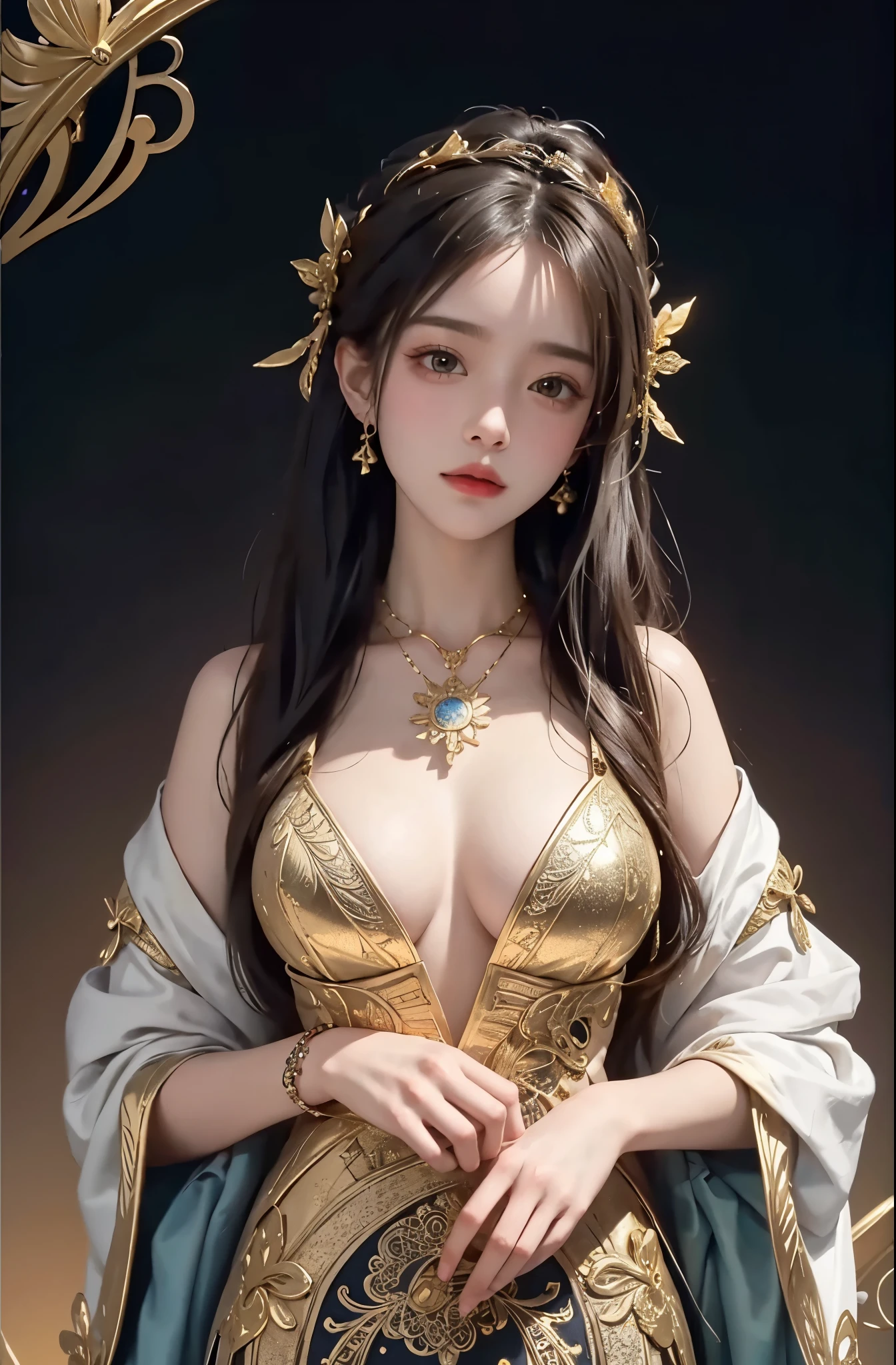 (masterpiece、highest quality、highest quality、official art、beautiful and aesthetic:1.2)、(1 girl)、extreme details、colorful、highest details、official art、unity 8k wallpaper、Super detailed、beautiful and aesthetic、big boobs、masterpiece、highest quality、(zentangle、mandala、tangle、Entanglement)、holy light、gold foil、gold foilアート、Glitter painting、Perfect NwsjMajmagic