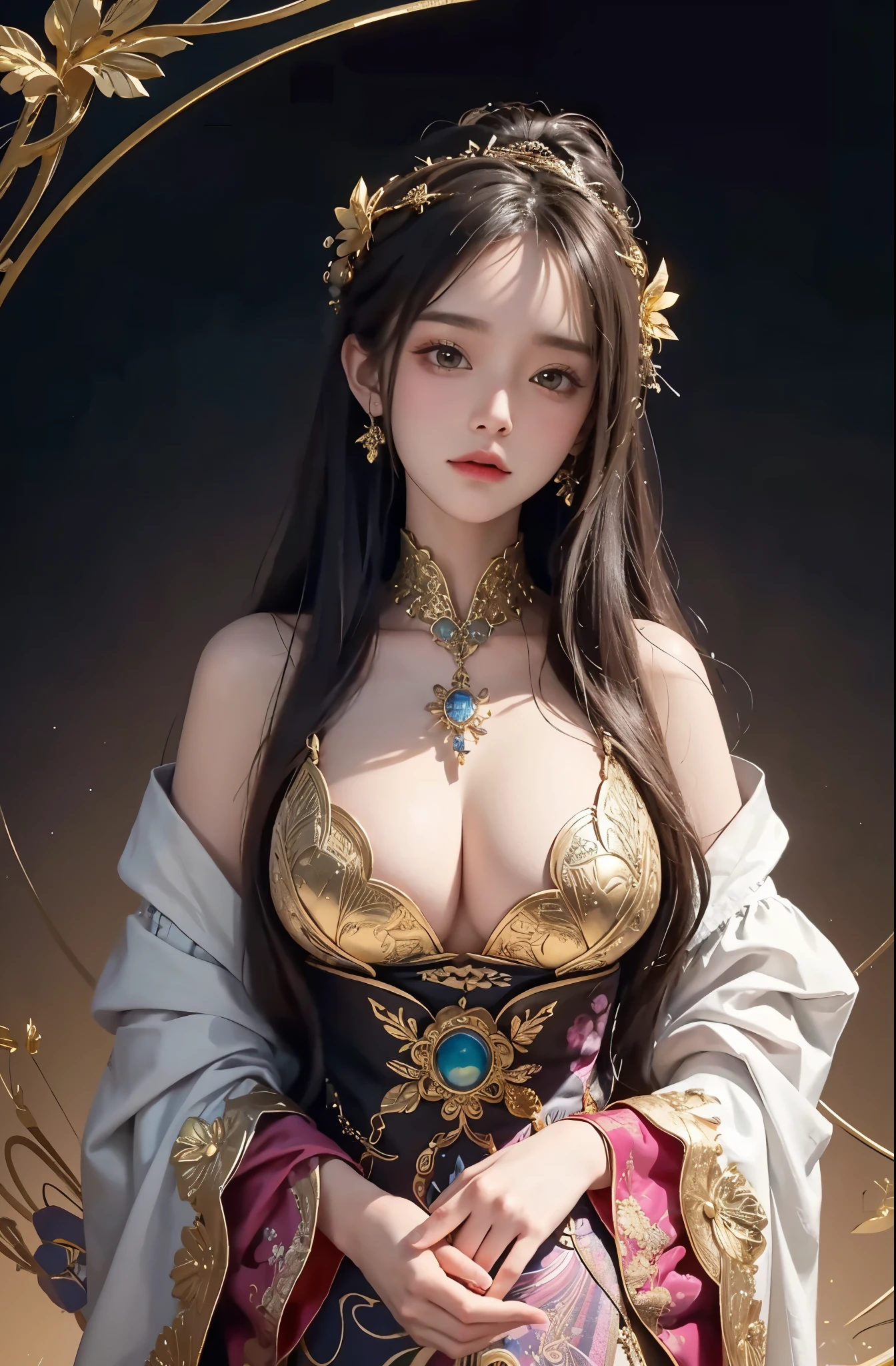 (masterpiece、highest quality、highest quality、official art、beautiful and aesthetic:1.2)、(1 girl)、extreme details、colorful、highest details、official art、unity 8k wallpaper、Super detailed、beautiful and aesthetic、big boobs、masterpiece、highest quality、(zentangle、mandala、tangle、Entanglement)、holy light、gold foil、gold foilアート、Glitter painting、PerfectNwsjMajmagic