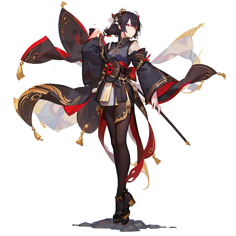 Anime characters dressed in black and gold,brown clouds on the back, Inspired by Hoichi Sakai, full body xianxia, full body illustration, inspired by Gao Qipei, Inspired by Ren Xiong, Inspired by Li Meihu, Inspired by Luo Mu, Inspired by Zhou Fang, Anime woman full body art,girl black hair