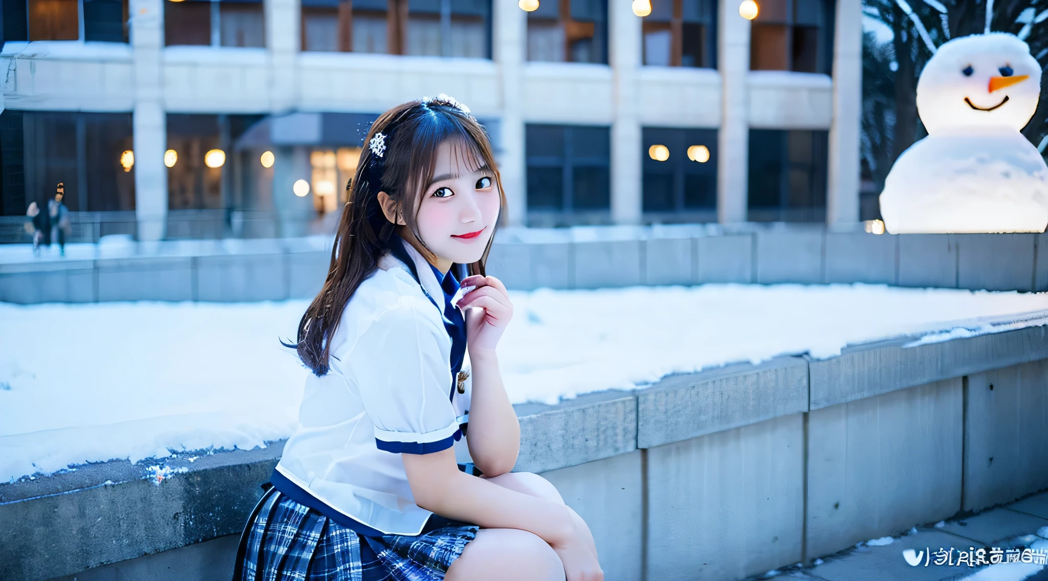 high school girl, 18-year-old, Wearing a miniskirt uniform、The background is a snowman