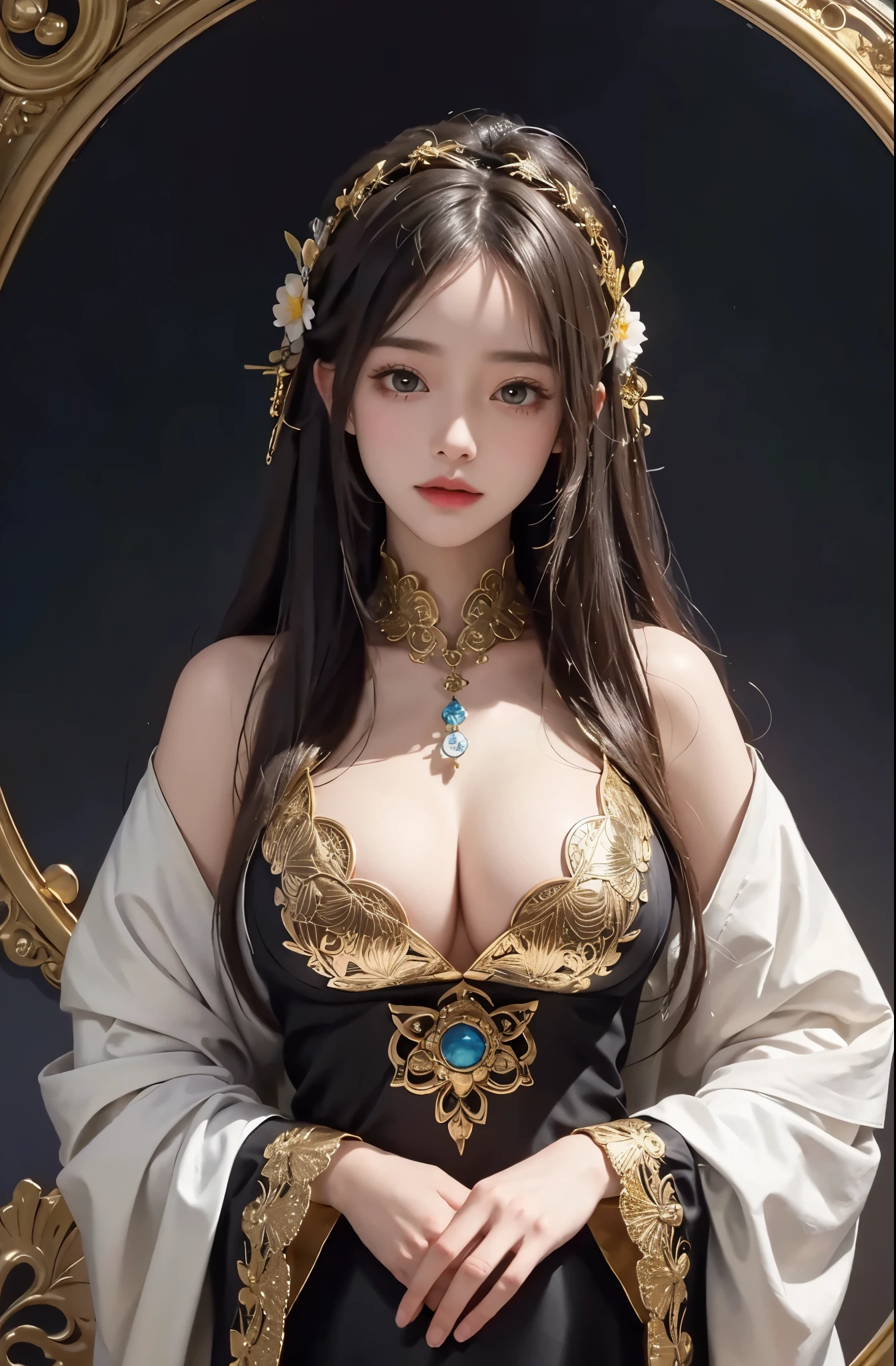(masterpiece、highest quality、highest quality、official art、beautiful and aesthetic:1.2)、(1 girl)、extreme details、colorful、highest details、official art、unity 8k wallpaper、Super detailed、beautiful and aesthetic、big boobs、masterpiece、highest quality、(zentangle、mandala、tangle、Entanglement)、holy light、gold foil、gold foilアート、Glitter painting、PerfectNwsjMajmagic