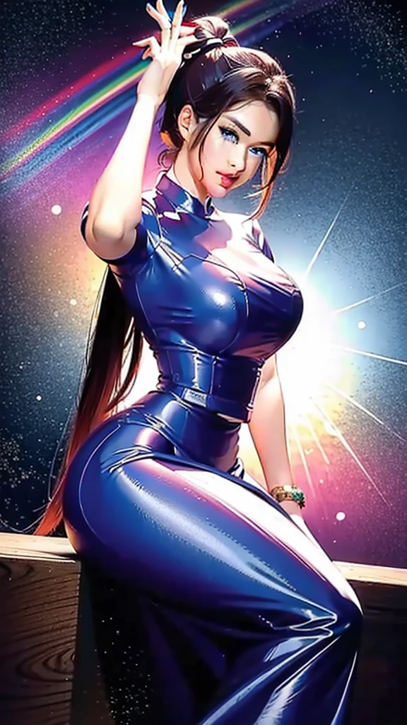 {{{curvy}}} game cover art, anime waifu Bulma rainbow random hair wearing transparent latex suit, a detailed painting, Dragon ball world, contest winner, glowing god rays, symmetrical face, shimmer, portrait art by dragoonrekka (gigantic and massive tits:1.1), breasts, curvy milf, 1:2), closeup, titsnipples, sexy face, sexy lips