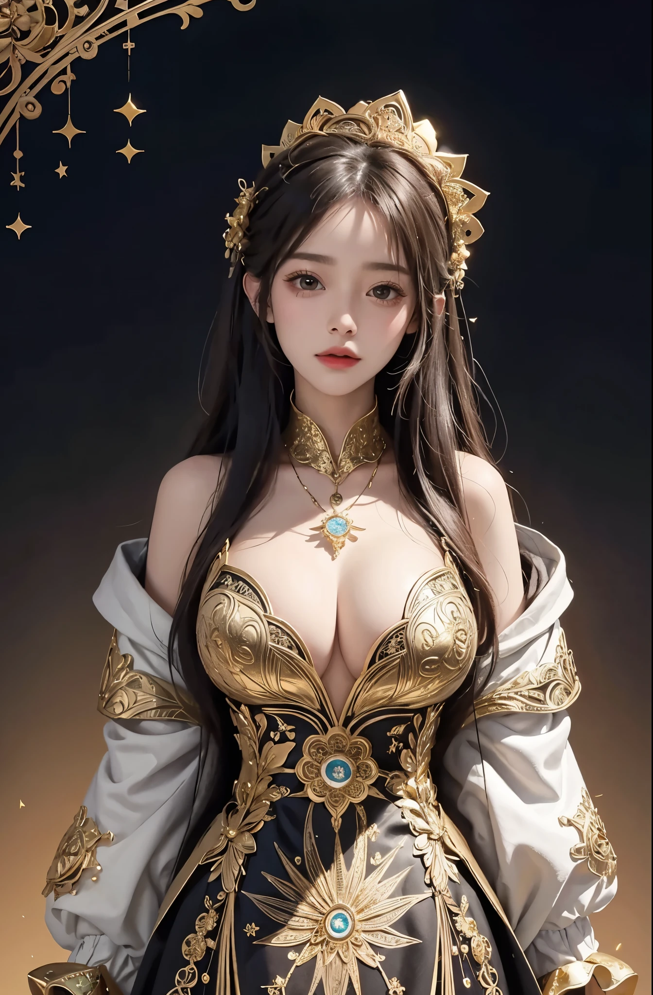 (masterpiece、highest quality、highest quality、official art、beautiful and aesthetic:1.2)、(1 girl)、extreme details、colorful、highest details、official art、unity 8k wallpaper、Super detailed、beautiful and aesthetic、big boobs、masterpiece、highest quality、(zentangle、mandala、tangle、Entanglement)、holy light、gold foil、gold foilアート、Glitter painting、PerfectNwsjMajmagic