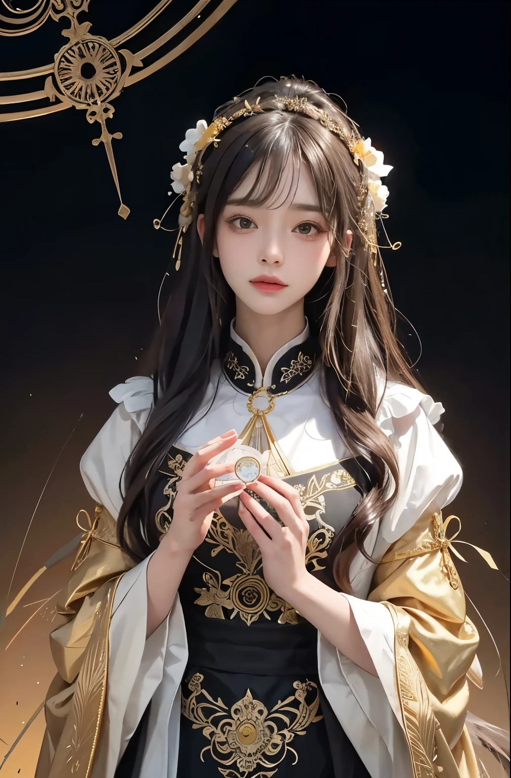 (masterpiece、highest quality、highest quality、official art、beautiful and aesthetic:1.2)、(1 girl)、extreme details、colorful、best details、official art、unity 8k wallpaper、Super detailed、beautiful and aesthetic、big boo buster piece、highest quality、(zentangle、mandala、tangle、Entanglement)、holy light、gold foil、gold foilアート、Glitter painting、PerfectNwsjMajmagic