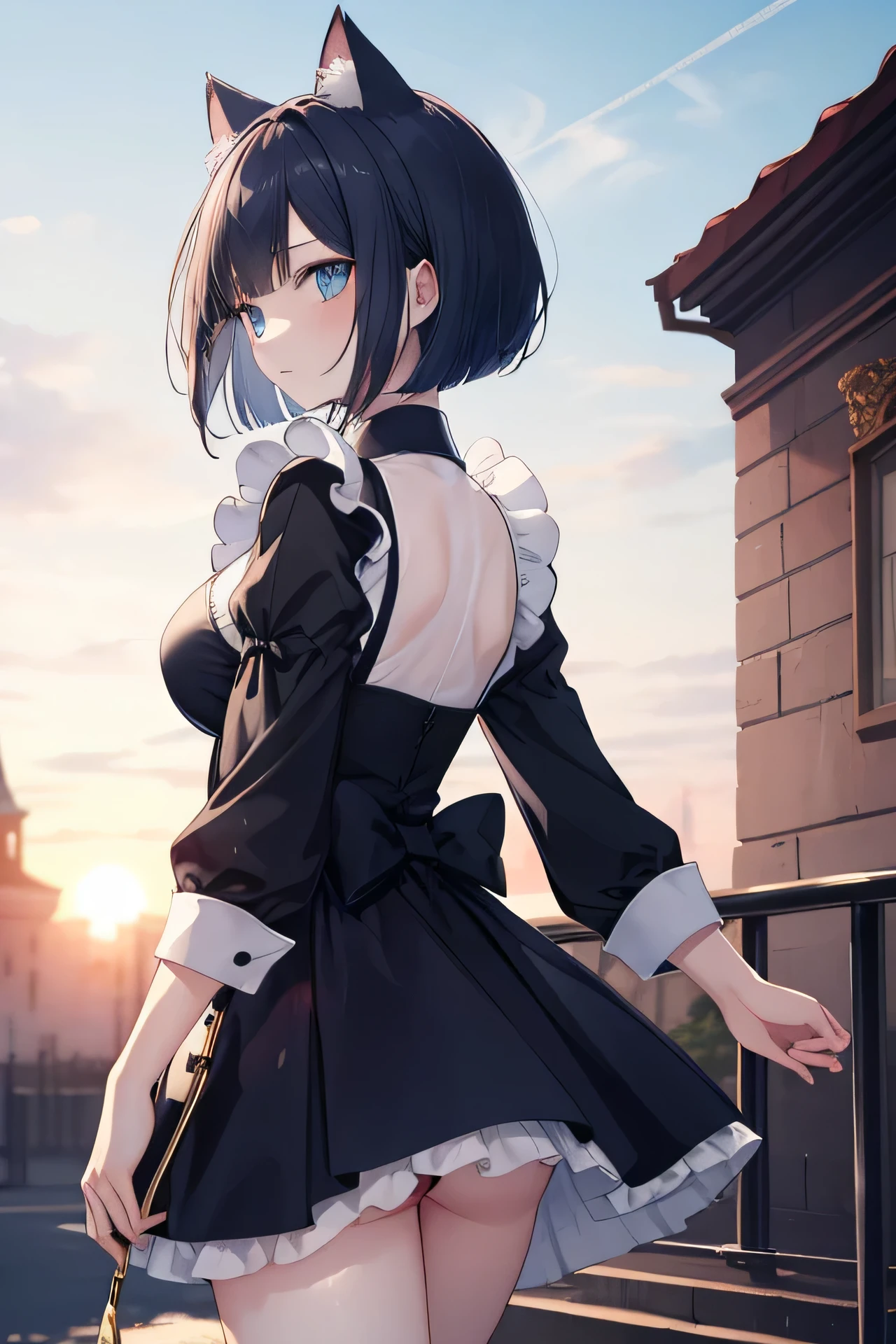 ((masterpiece)), ((highest quality)), ((8K)), High resolution, 1 girl, Cat ear, white skin, big breasts, light blue maid, black hair color, bob cut, Expressionless, sunset, walk, royal palace, look away, think back