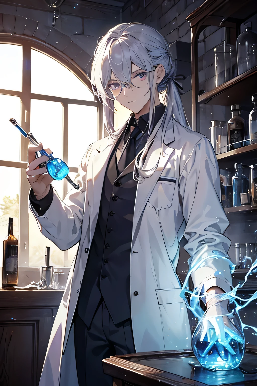 A slender man with silver hair((long hair tied back:1.3)) and silver eyes stands in a cowboy shot((no hat:1.3)),He has a mysterious and enchanting appearance, exuding an air of fantasy.The man is dressed in a distinctive alchemist's white lab coat, hinting at his arcane knowledge and expertise. With a touch of madness in his eyes, he embodies the archetype of a mad scientist, willing to delve into the unknown. The scene is illuminated by dim, ambient lighting, similar to the flickering glow of a candle. The lab coat is slightly tattered, revealing a hint of the intriguing array of vials, beakers, and bubbling potions on the shelves behind him. The lab is filled with a myriad of strange ingredients, from rare plants and gemstones to unidentifiable substances stored in glass containers. In the background, an array of sophisticated alchemical equipment can be seen, including distillation apparatus, condensers, and glass tubes. The atmosphere is both mystical and scientific, blending the realms of magic and chemistry seamlessly. The air is thick with an otherworldly haze, creating an ethereal aura that envelops the entire scene. The colors in this artwork are deep and rich, with a predominant palette of dark blues and purples to convey a sense of mystery and mystique. The silver eyes of the man shimmer with an otherworldly glow, adding a celestial touch to his appearance. This scene is crafted with the highest quality and attention to detail, resulting in a masterpiece of art. The level of realism and photorealism is astonishing, allowing viewers to immerse themselves completely in this captivating world. Each intricate detail, from the strands of hair to the folds of the lab coat, is rendered with extreme precision, bringing the character to life. Through this prompt, Stable Diffusion will generate an image that captures the essence of this mysterious alchemist, inviting viewers to explore the realms of fantasy and science in a single frame.