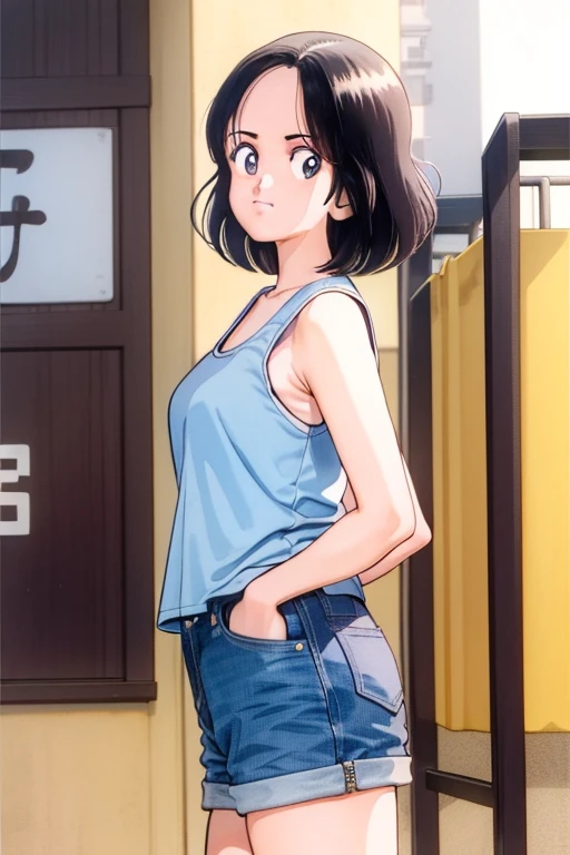 1girl, hikari, black hair, short hair, forehead, looking at viewer, tank top, denim shorts,, (best quality, masterpiece:1.3)