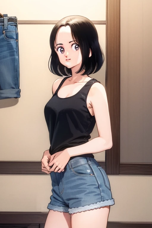 1girl, hikari, black hair, short hair, forehead, looking at viewer, tank top, denim shorts,, (best quality, masterpiece:1.3)