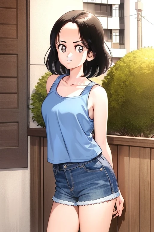 1girl, hikari, black hair, short hair, forehead, looking at viewer, tank top, denim shorts,, (best quality, masterpiece:1.3)