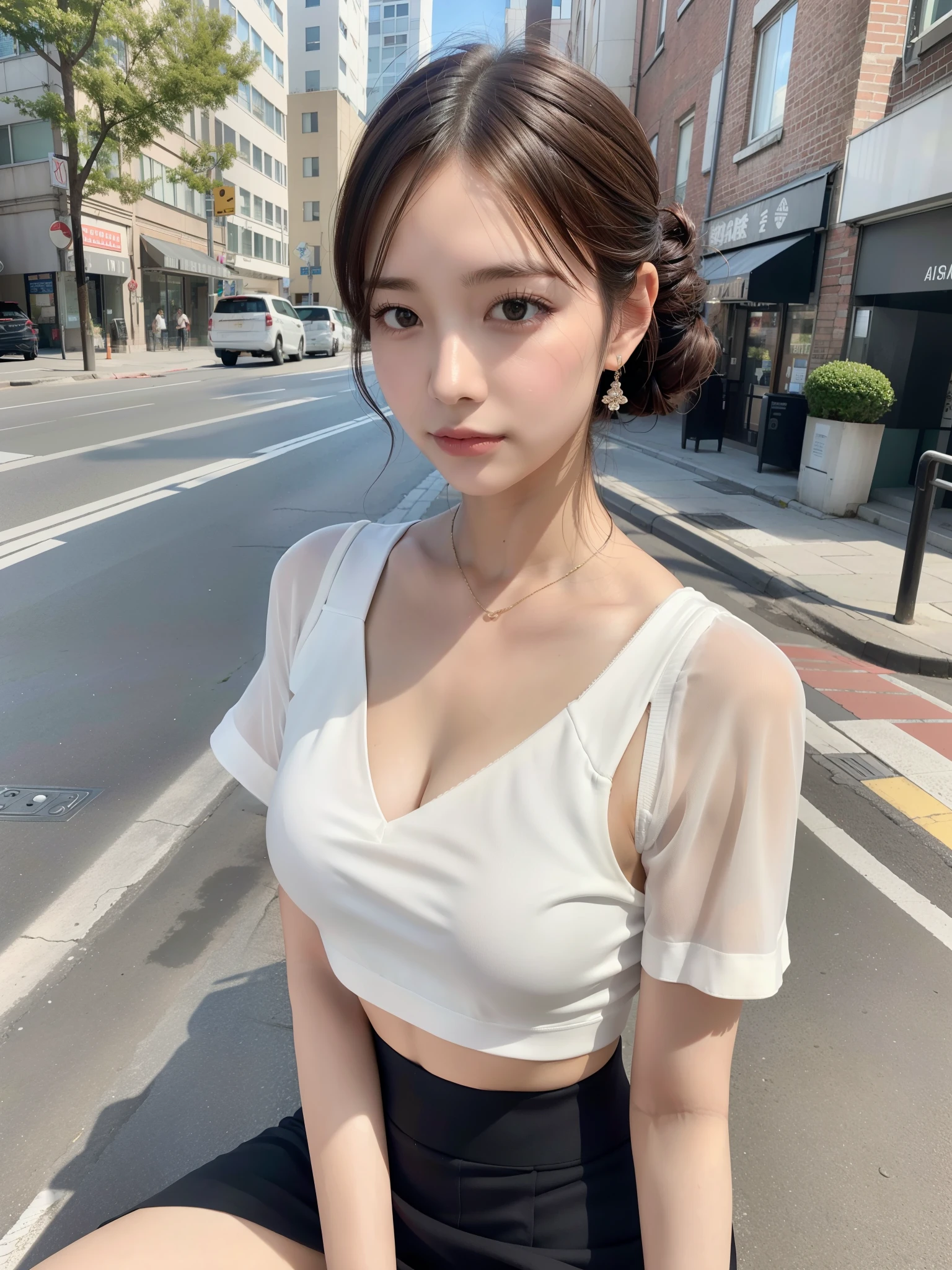 (bra top, business skirt, thigh: 1.2), ((of the highest quality, 8K, masutepiece: 1.3, Raw photo)), Sharp Focus: 1.2, (1 AESPA Girl :1.1), (Solo: 1.12), (Realistic, Photorealistic: 1.37), (Face Focus: 1.1), Cute face, hyperdetailed face, (Short messy hair, updo :1.1), Small breasts, flat chest, sitting on the street, city, flower,