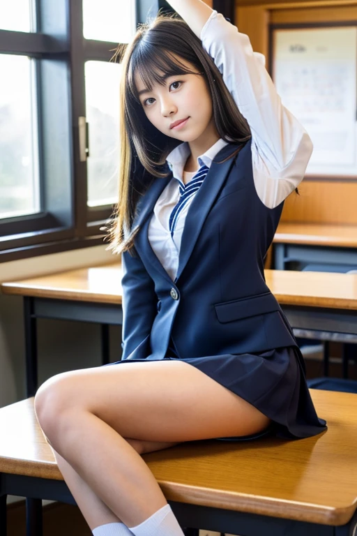 ((highest quality)), ((masterpiece)),  real Japanese beautiful high school girl、beautiful thighs、Beautiful small cleavage、Navy miniskirt 45cm above the knee、school uniform、on the desk in the classroom、open your legs wide、horizontal angle、beautiful armpits、posture、raise both arms